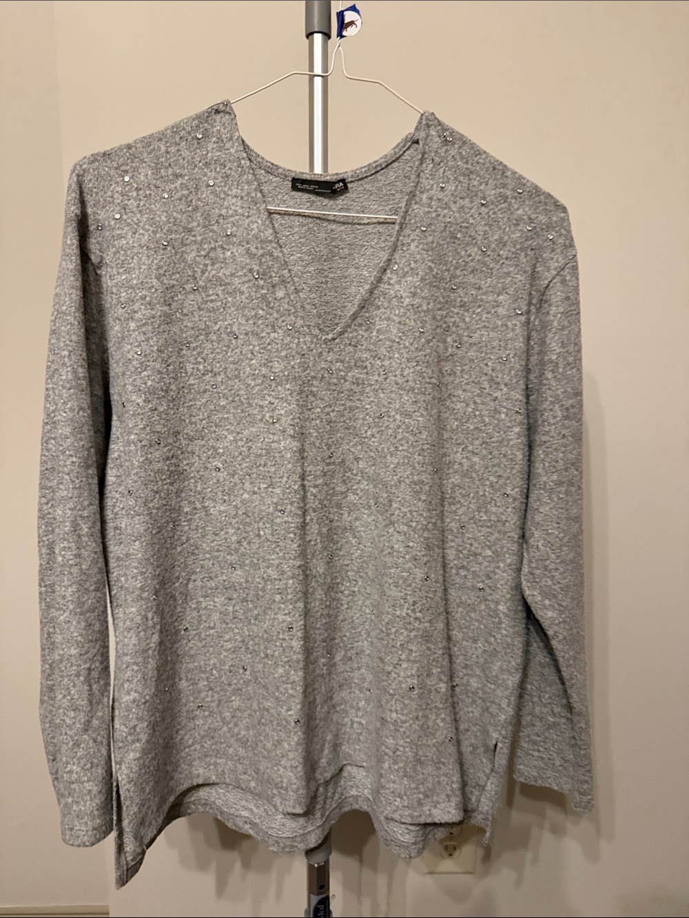 Zara Rhinestone Embellished V-Neck Gray Women's Sweater
